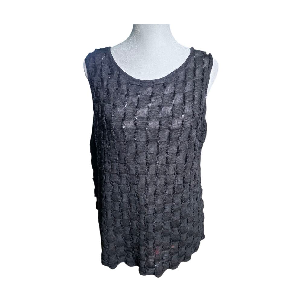 Eileen Fisher Sz L Tank Shell Top Fringed Texture Knit Sleeveless Sheer Casual